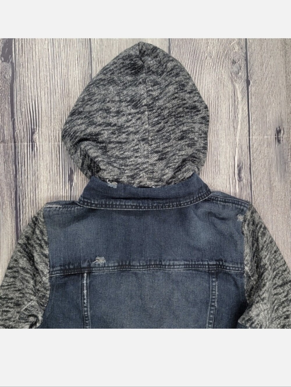 Free People Distressed Denim Jacket With Knit Sleeves and Hood - Picture 8 of 11